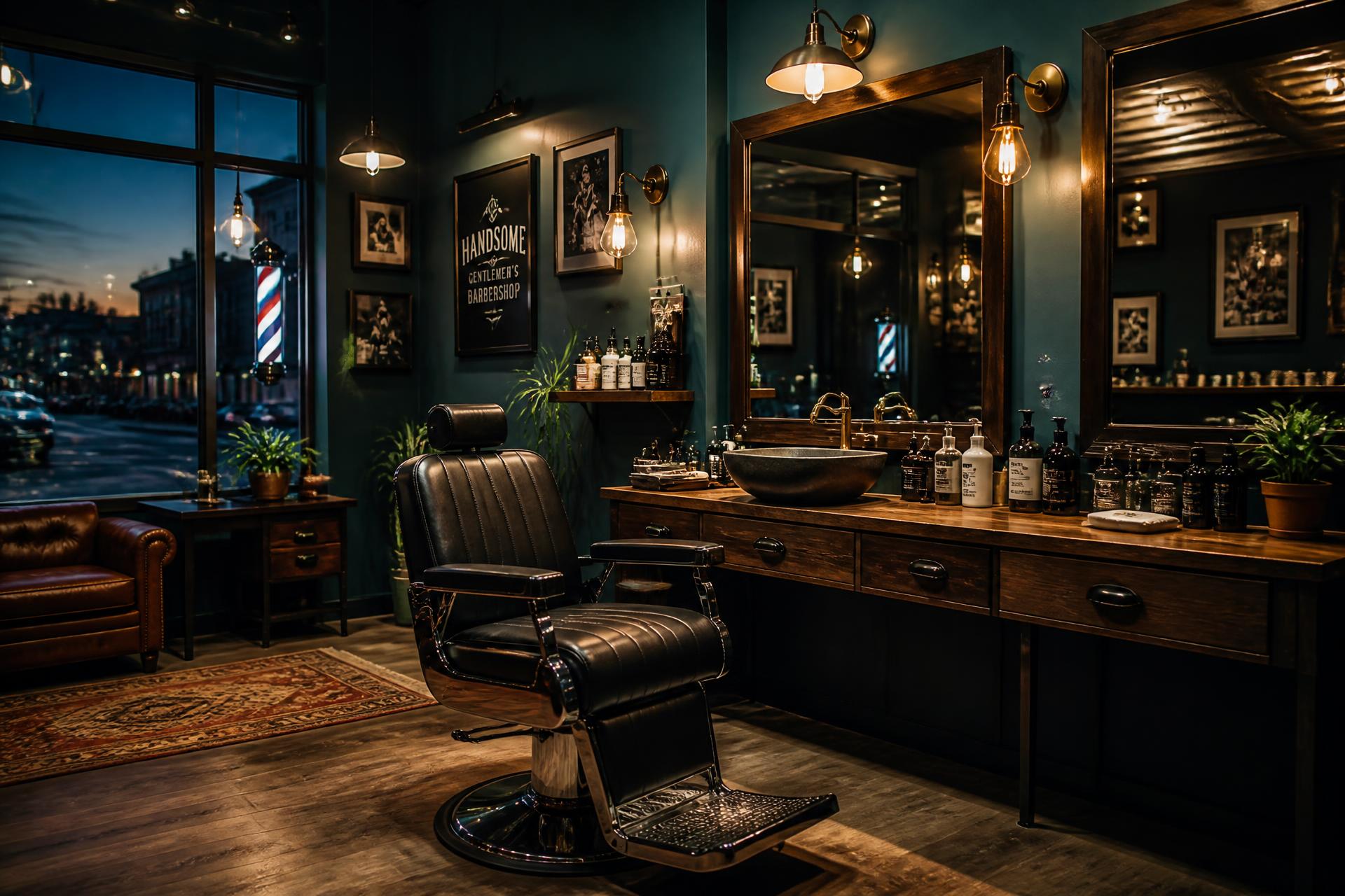 Interior de barbería con luz cálida y sillón clásico